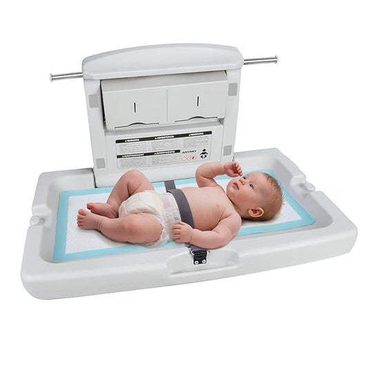 Durable Wall-Mounted Baby Changing Station, Heavy-Duty Design with Safety Straps, Fold-Up Space Saver, in Elegant Grayish White