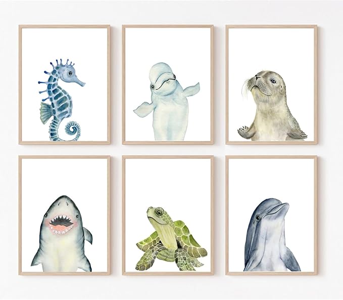Wodkwq Nursery Wall Art Sea Animal Canvas Prints Baby Girl Boy Room Decor Watercolor Paintings Pictures Cute Ocean Theme Toddler Room Decoration Set of 6 for Kids Bedroom Bathroom 12x16in Unframed