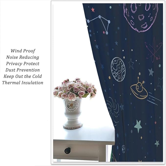 Navy Blue Space Curtains, Cartoon Outer Space Stars Planets Theme Galaxy Curtains for Kids Teens Bedroom Nursery Toddlers Room 72" W X 63" L