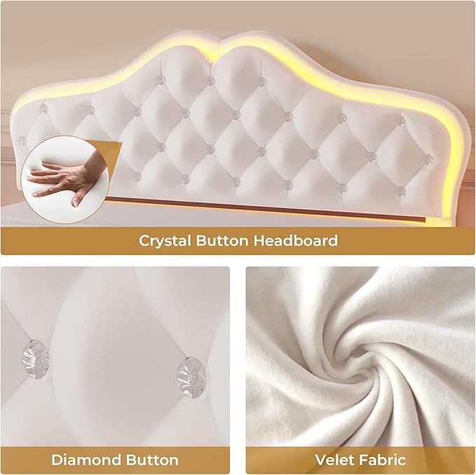 ADORNEVE Queen Bed Frame with RGB LED Lights, Princess Bed Frame with Adjustable Crystal Button Headboard, Velvet Upholstered Platform Bed for Girls, Solid Wooden Slats, Easy Assembly, Creamy White