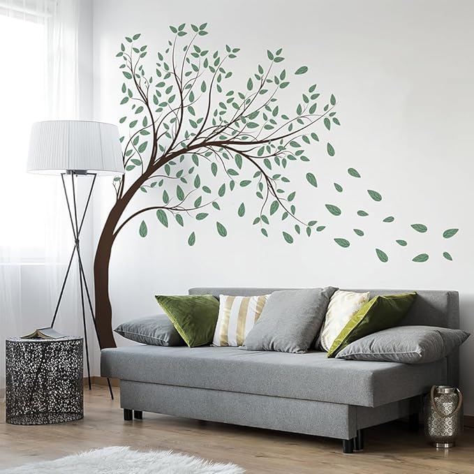 4 Sheets Green Tree Wall Decals Big Tree Wall Stickers Large DIY Peel and Stick Flying Leaves Wall Decor for Kids Bedroom Living Room Nursery Rooms TV Sofa Background Decoration