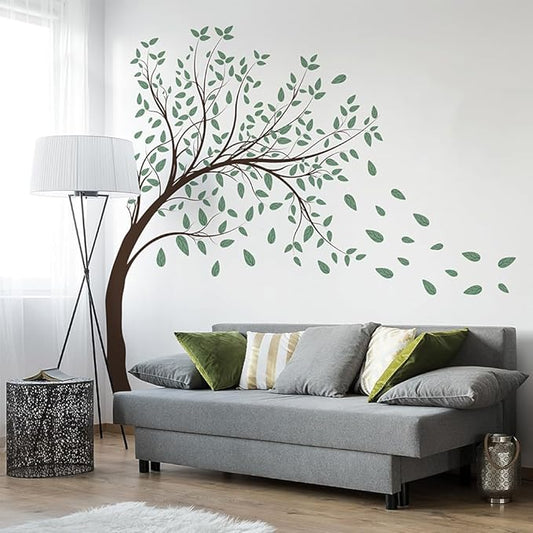 4 Sheets Green Tree Wall Decals Big Tree Wall Stickers Large DIY Peel and Stick Flying Leaves Wall Decor for Kids Bedroom Living Room Nursery Rooms TV Sofa Background Decoration