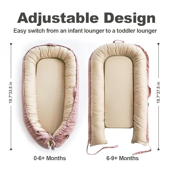 Baby Lounger, Baby Nest Cover for Baby, Reversible & Breathable Cotton, Adjustable Baby Floor Seat for Tummy Time, Portable Infant Lounger, Essentials for Newborns (Pink)