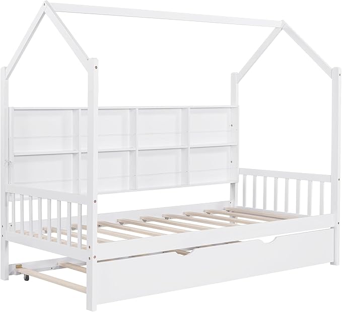 Harper & Bright Designs Twin House Bed with Trundle, Wood Kid Beds with Storage Shelves, Twin Platform Bed for Kids, Teens, Solid Wood Structure & House-Shaped, White