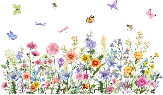 Colorful Floral Wall Decals Wildflowers Flower Wall Stickers Butterfly Green Plant Wall Mural Peel and Stick Flowers Wall Decor DIY Removable Wall Art for Girls Bedroom Nursery