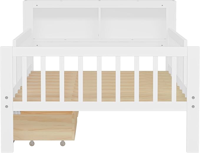 Wood Twin Size Platform Bed with Safety Fence for Kids Boys Girls, Platform Bed Frame with Practical Headboard and 2 Under-Bed Drawers, Sturdy Slats Support (White-3.15)