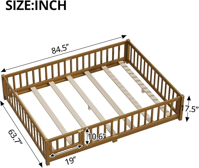 i-POOK Queen Floor Bed Frame with Wood Slats, High Fence & Small Door, Pinewood Montessori Floor Bed for Girls and Boys,Light Espresso