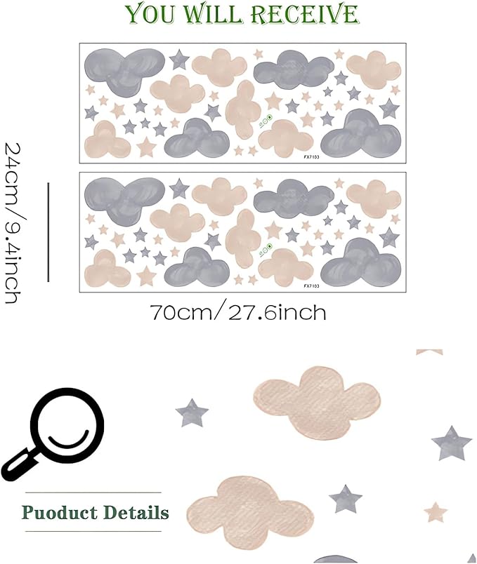 2 Sheets Gray Brown Clouds Stars Wall Stickers, sacinora DIY Art Wall Decals Removable Vinyl Peel and Stick Kids Baby Boy Nursery Bedroom Toddler Room Kindergarten Home Decorations