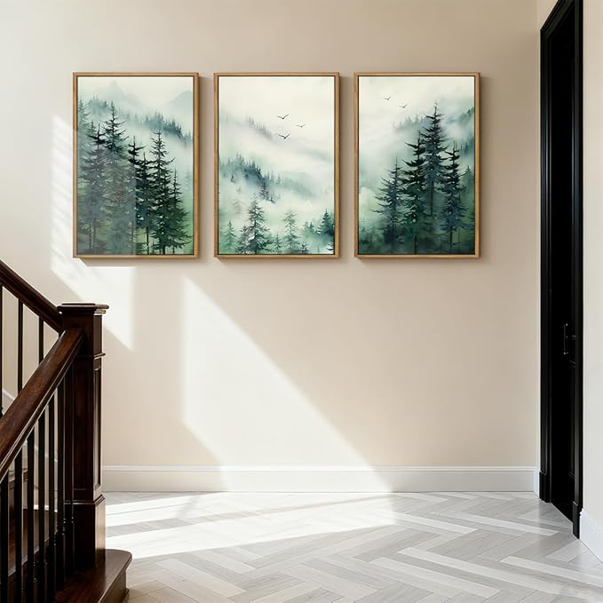 Anyzal Large Foggy Forest Wall Art Decor Framed Abstract Misty Mountain Artwork Prints for Living Room Bedroom Office 16x24 Inch Set of 3