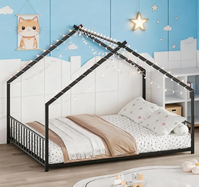 Bellemave Full Size Montessori Floor Beds with Slats for Kids, Metal Full House Bed for Kids, Black with Slats and Lights