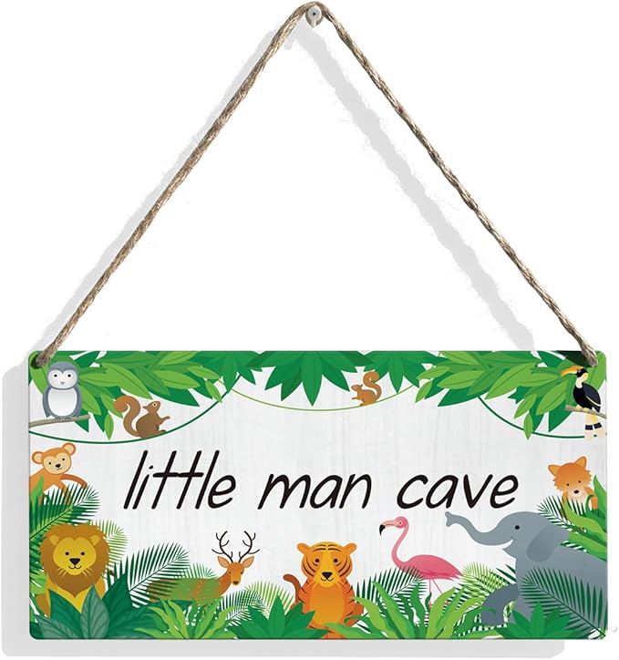 Little Man Cave Sign Woodland Nursery Room Decor for Baby Bedroom Jungle Safari Animal Theme Wall Decor for Toddler Room Decor 12 × 6 Inch（Wood 4009）