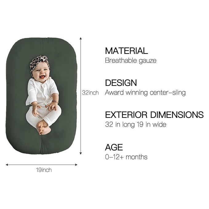 Baby Lounger for Newborn - Snuggle Cozy Me Lounger | Breathable Soft Cotton, 0-24 Months Portable Playtime Baby Nest, Newborn Baby Essentials Gifts- Moss (1 Lounger + 1 Cover)