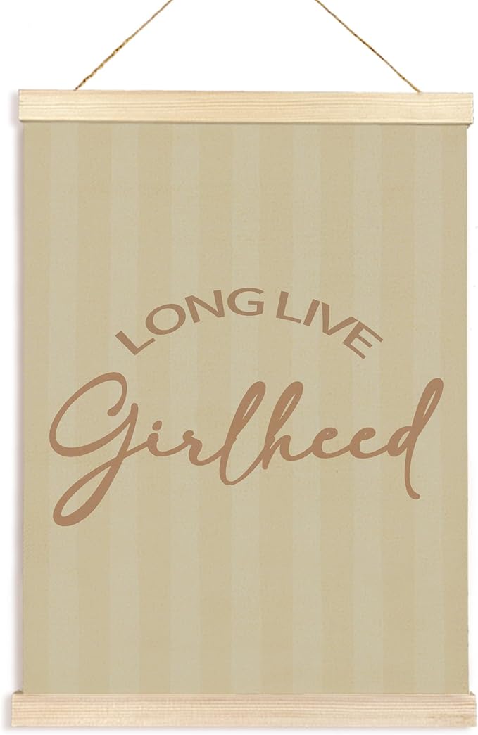 Hiuwevt Girls Nursery Wall Art, Long Live Girlhood Poster Hanger Frame, Retro Preppy Neutral Striped Wall Art Home Decor for Little Girls Toddler Nursery Room Bedroom Playroom, 12x16 Inch
