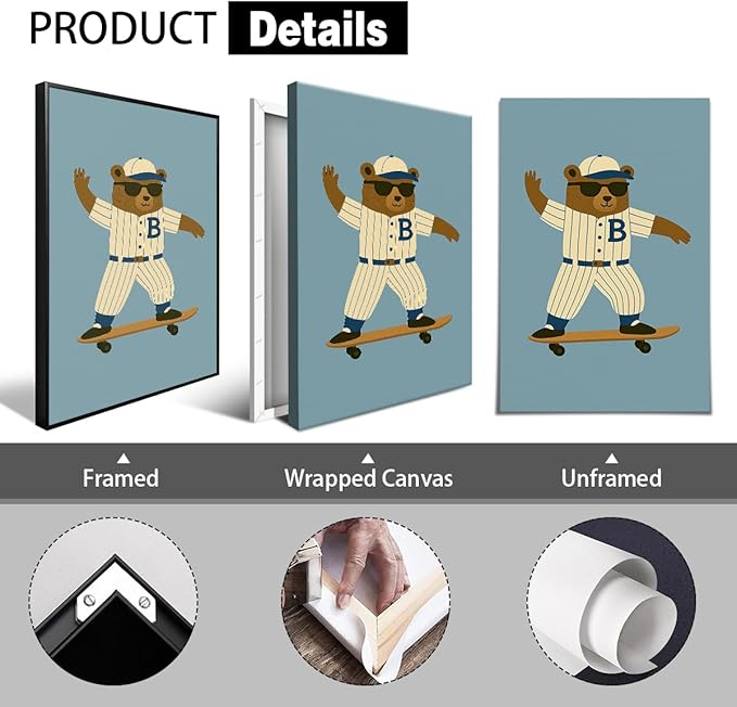 Skateboard Canvas Wall Art, Nursery Animal Sports Posters, Fashion Sunglasses Bear Athletes Pictures, No.1 Kiddo Inspirational Quote Print, Funny Skateboard Rabbit Dog Painting 16x24in Wrapped Canvas