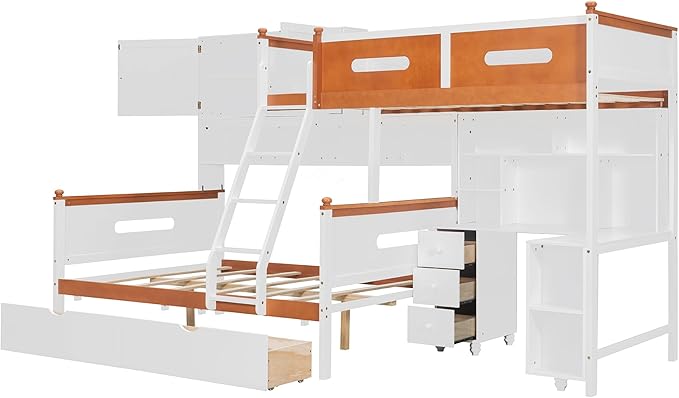Twin Over Full Bunk Bed with Desk and Drawers, Wooden Bunk Bed with Shelves and Cabinet for Kids Teens Adult Bedroom, Space Saving Design