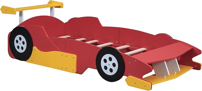 Flieks Twin Size Race Car-Shaped Platform Bed Frame for Boys Girls Kids Adults Toddler with Wheels,Red
