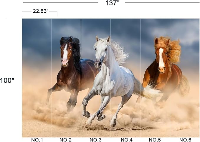 Three Running Horses Chinoiserie Wall Mural Wallpaper for Bedroom 137" x 100"