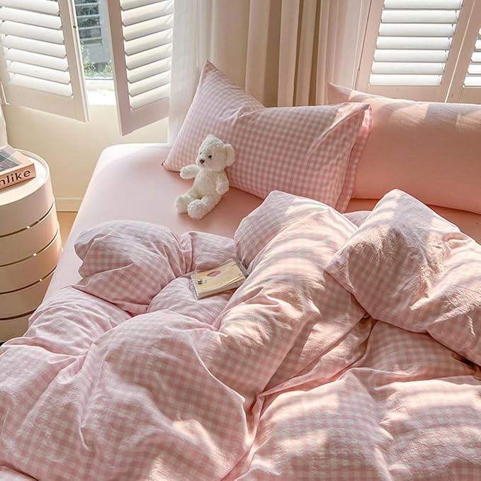 Nayoroom Pink Gingham Comforter Set Full Size Plaid Checkered Comforter 3 Pcs Soft Lightweight Grid Farmhouse Dorm Bedding Set for All Seasons (1 Comforter, 2 Pillowcases)