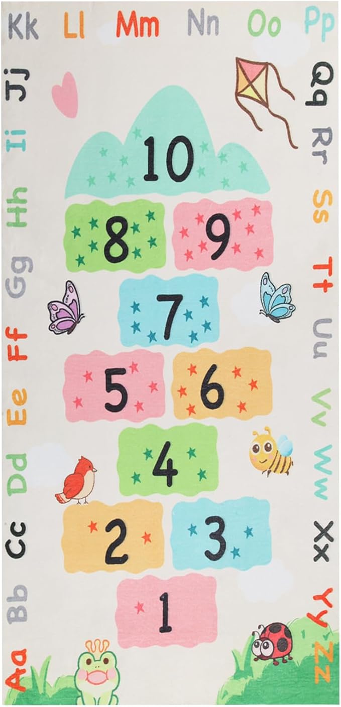Soft Educational Kids Learning Rug Washable for Boys Girls Bedroom Play Room, Cute Numbers ABC Alphabets Hopscotch Rug for Classroom, Toddler Baby Nursery Carpet Playmat, Neutral 63"x31.5"