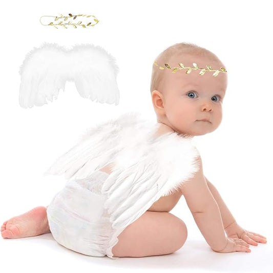 2PCS White Angel Wings With Gold Leaf Headband For Newborn Infant Photography Props Soft Feather Wings For Kids Photo Outfits Baby Girls Costume(Color H, One Size)