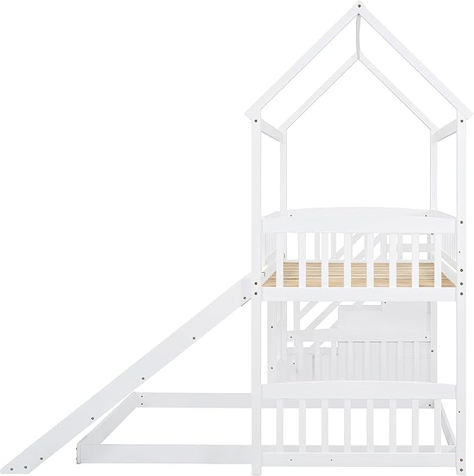 MERITLINE Twin Over Full L Shaped Bunk Bed for 2,Solid Wood House Floor Bunk Bed with Slide and Storage Stairs,No Box Spring Needed (White)