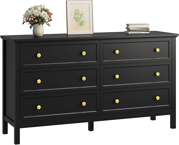 CARPETNAL Black Dresser for Bedroom, 6 Drawer Dresser with Wide Drawer and Metal Handles, 55" Black and Gold Wood Dressers & Chests of Drawers for Hallway, Entryway.