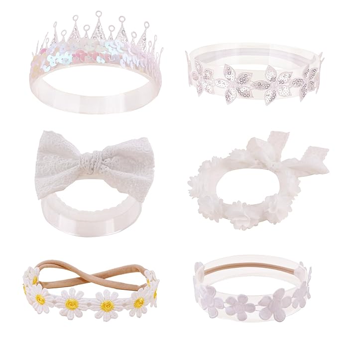 Baby Girl Flower Hair Bows Nylon Headbands, 6PCS Stretchy Soft Floral Hairbands Crown, Handmade Hair Accessories for Newborn Infant Toddler