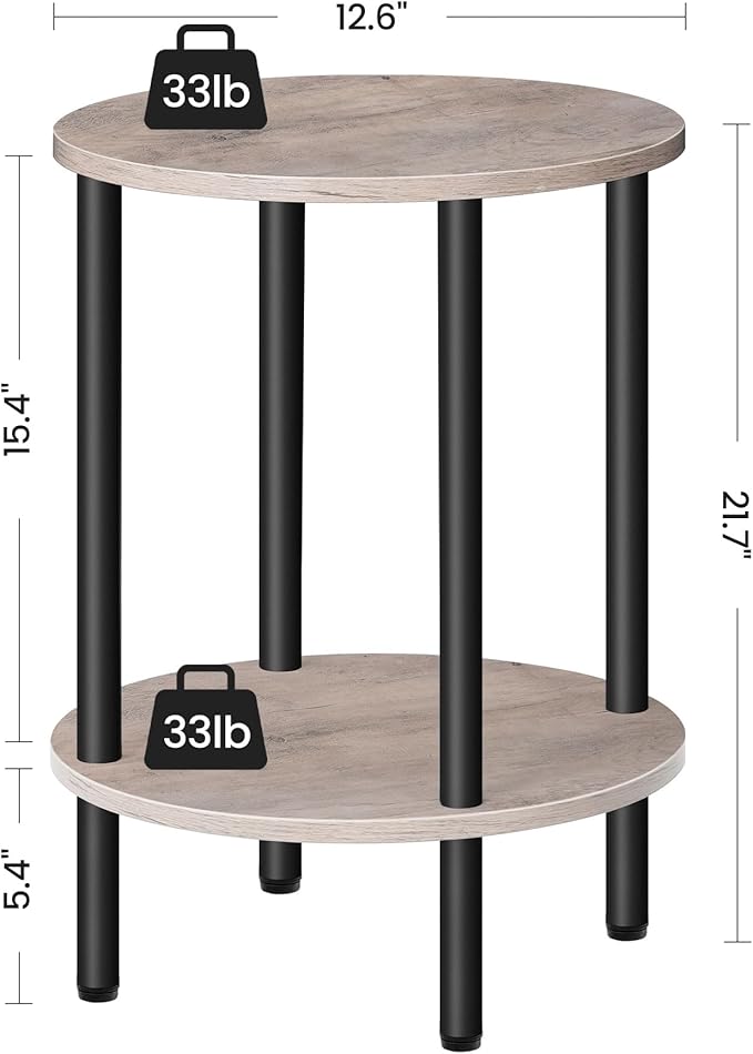 Side Table Set of 2, Round End Table, 2-Tier Small Nightstand with Sturdy Metal Tube, Industrial Coffee Table, for Living Room, Bedroom, Greige and Black TBZ01P2BG