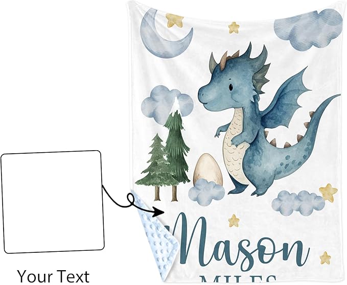Personalized Baby Blankets for Boys Girls, Custom Name Blue Dinosaur Baby Blanket, Soft Receiving Blanket for Newborns and Toddlers, Ideal for Baby Showers and Nursery Decor