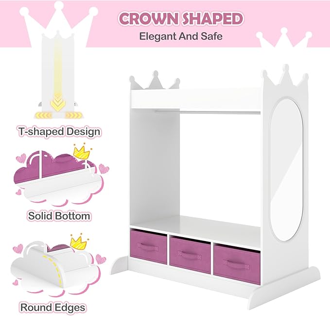 COSVALVE JOYLDIAS Kids Dress Up Storage with Mirror and Drawers, Kid Armoire Dresser, Pretend Storage Closet for Kids, Costume Wardrobe with Top Shelf for Playroom Bedroom, Lovely White