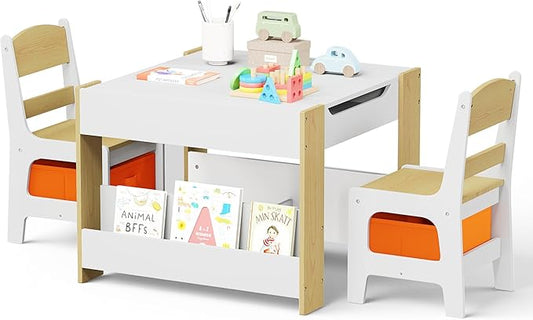 Kinder King Kids Wood Table & 2 Chairs Set, 4 in 1 Children Activity Table w/Double Bookcase, Blackboard, Toddler Furniture Set for Art, Crafts, Drawing, Reading, Playroom, Natural