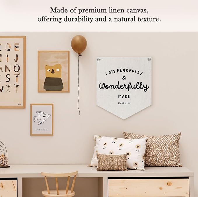 Bible Verse Banner – "I Am Fearfully and Wonderfully Made" Linen Wall Hanging, Religious Decor for Kids Room, Nursery, Classroom, 12.4x14 in