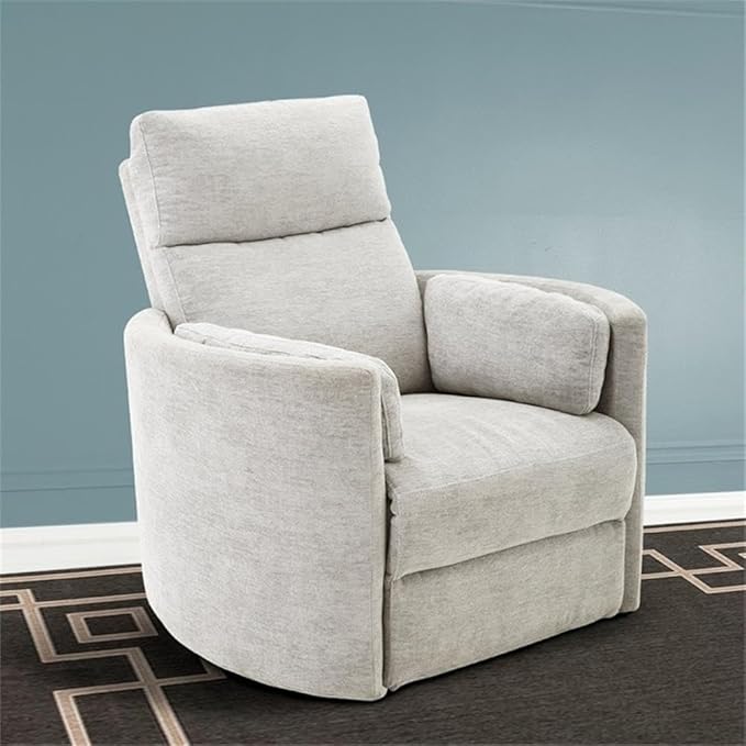 Pemberly Row Polyester Power Swivel Glider Recliner in Mineral White with USB Charging Ports and 2 Comfort Pillows for Living Room