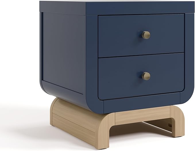 Storkcraft Santorini 2 Drawer Nightstand (Midnight Blue & Driftwood) - GREENGUARD Gold Certified Nightstand for Kids Bedroom, Premium Wood with Curved Base, “Champagne” Metal Knobs