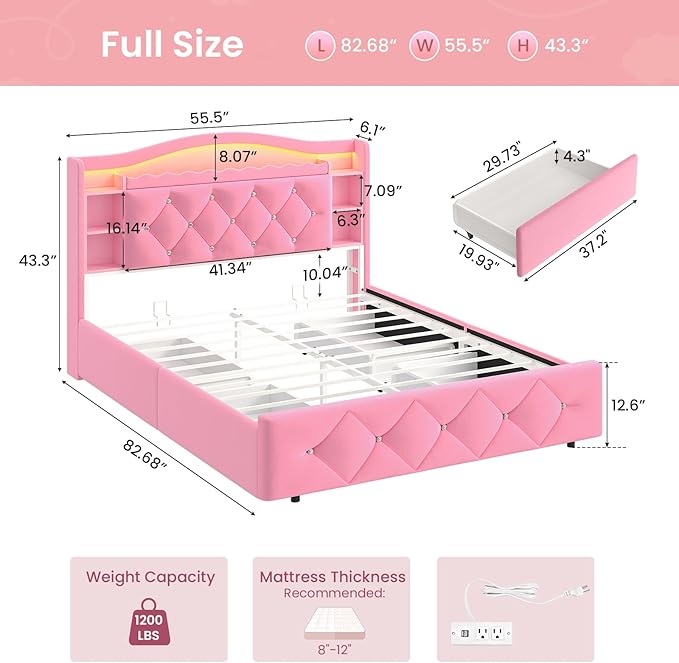 DICTAC Full Size Bed Frame for Girls with 4 Storage Drawers, Bookcase Headboard, LED Lights and Power Outlets, Diamond Tufted Velvet Upholstered Princess Platform Bed, Heavy-Duty Metal Support, Pink