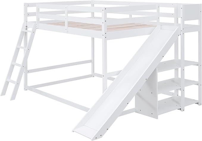 Full Over Full Bunk Bed with Ladder, Wooden Bunk Bed Frame with Slide and Shelves, Low Bunk Bed for Kids Teens Adult, Space-Saving Bedroom Dormitory Furniture (White + Pine-05)