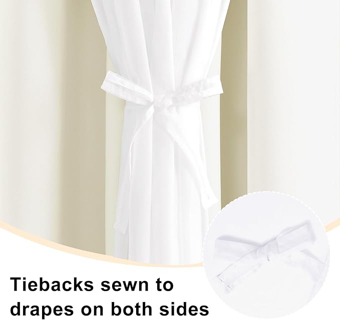 Hiasan Double Layer Blackout Curtains with Sheer Overlay, Extra Long Mix & Match Thermal Insulated Grommet Window Curtains for Bedroom, Living Room, 2 Panels with Tiebacks, Ivory, 52W X 108L