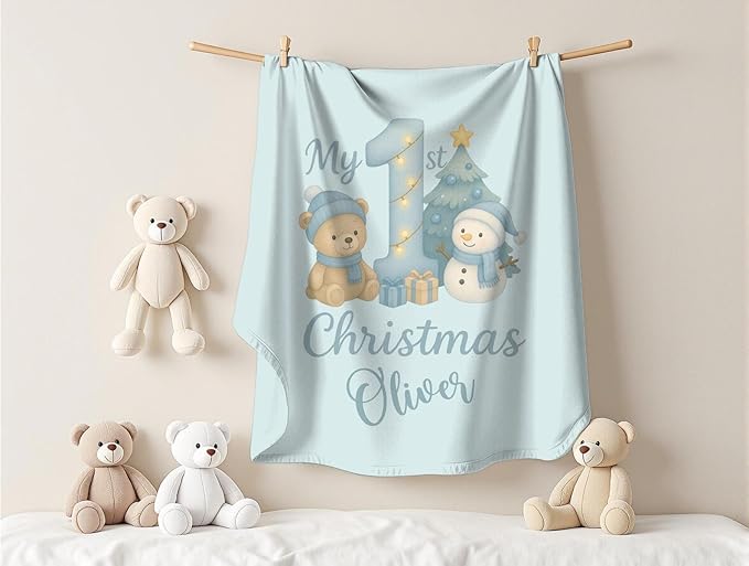 Personalized Baby's First Christmas Blanket, Custom Teddy Bear Snowman Baby Name Christmas Blanket, Soft Fleece Or Sherpa Throw, Baby Shower, Made in USA