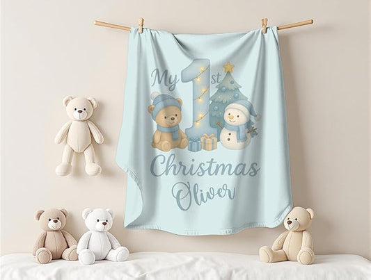 Personalized Baby's First Christmas Blanket, Custom Teddy Bear Snowman Baby Name Christmas Blanket, Soft Fleece Or Sherpa Throw, Baby Shower, Made in USA