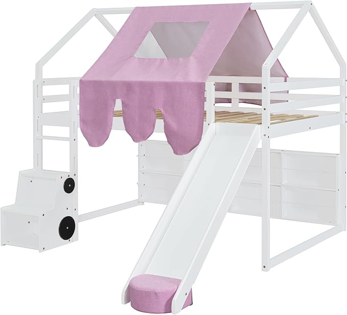 Playhouse Design Full Size Wood Loft Bed with Slide and Tent, Low Loft House Bed Frame with Storage Shelves and Removable Car-Shaped Staircase for Kids Teens Boys Girls Bedroom (White-PT)