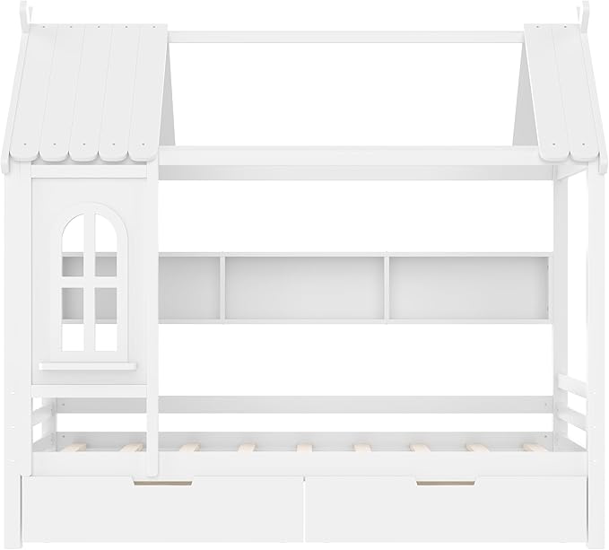 MERITLINE Twin Size House Bed with Storage Drawers & Window, Solid Wood Platform Bed Frame with Shelves, No Spring Box Needed, Childlike Design for Kids, Girls, Boys, Light White