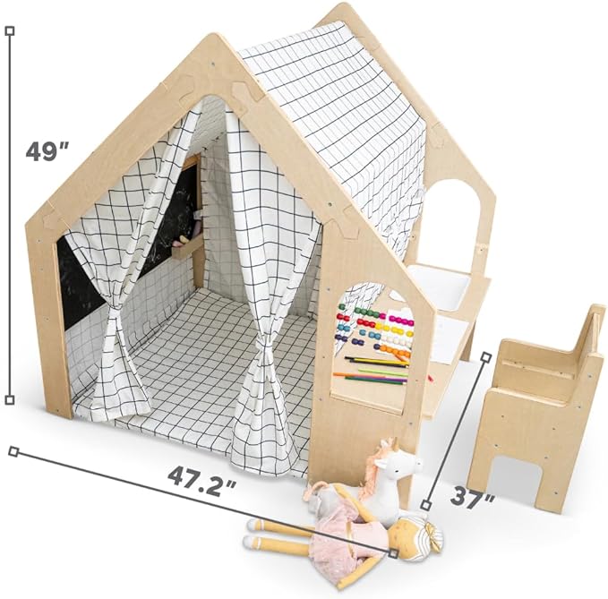 Avenlur Flair - 5 in 1 Indoor Playhouse with Desk Table, Chair, Chalkboard, Floor Cushion and Curtain Shades - Montessori and Waldorf Style for Ages 1 to 8 Years Old - (Large, Colorful Balloons)