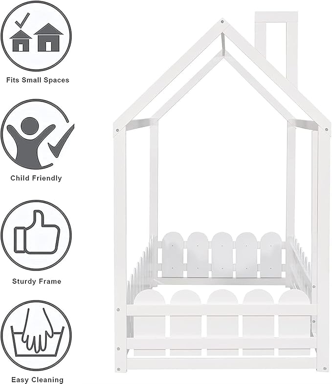 Bellemave Twin Size Kids Floor Bed Frame with Fences, Wooden House Bed with Roof Can be Decorated for Kids Girls Boys (White)