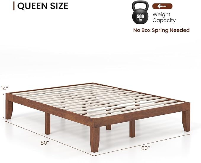 KOMFOTT 14 Inches Wood Platform Bed Frame Queen Size, Wooden Mattress Foundation with Rubber Wood Frame, Strong Wooden Slat Support, No Box Spring Needed, Bed Frame (Brown Cherry)