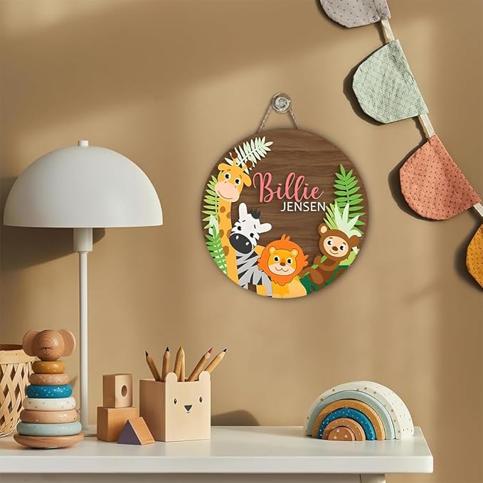 Wooden Safari Animal Name Sign – Personalized Door Hanger with Giraffe, Zebra, Monkey – Nursery Wall Art, Playroom or Baby Bedroom Décor