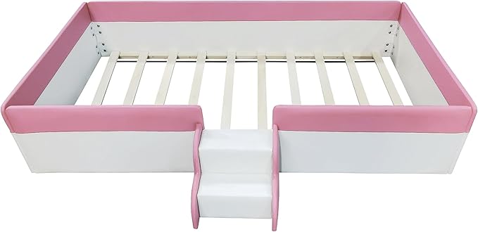 Merax Upholstered Kids' Daybed, Daybed Frame with Fence and Stairs, No Box Spring Needed, Twin Size, Pink+White