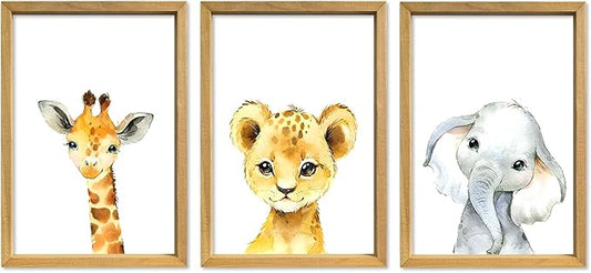 YWJKWLGS Baby Safari Nursery Wall Decor 16"x11" Set of 3 Cute Animal Giraffe Elephant Lion Prints Sign Wood Framed for Children's Room Wall Art (Wood)