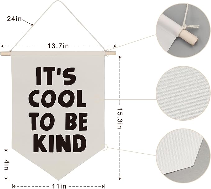 QODUNG Baby Nursery Banner,It's Cool to be Kind,Modern Toddler Kids Room Decor,Neutral Cool Wall Decor,Canvas Hanging Pennant Wall Flag for Boys Bedroom Playroom Kidsroom