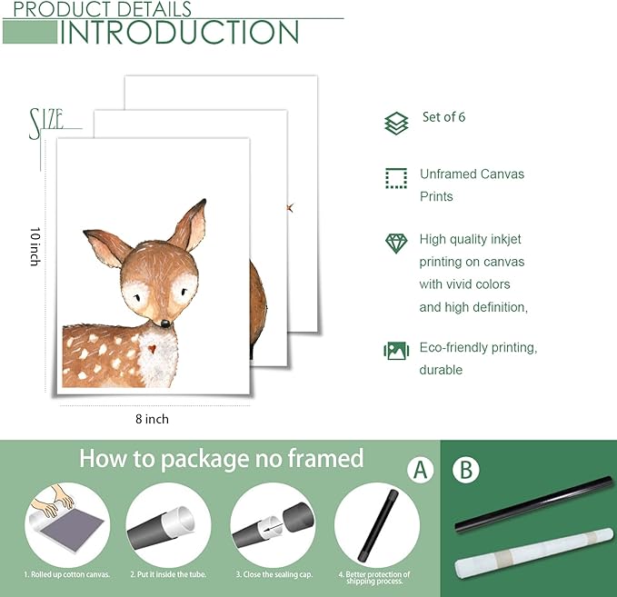 gooptyinh 6 Pieces Woodland Animals Nursery Canvas Wall Art Cute Safari Jungle Animal Deer Bear Bunny Pictures Room Posters Farmhouse Forest Theme Fox Squirrel Raccoon Prints Decor 8x10in Unframed