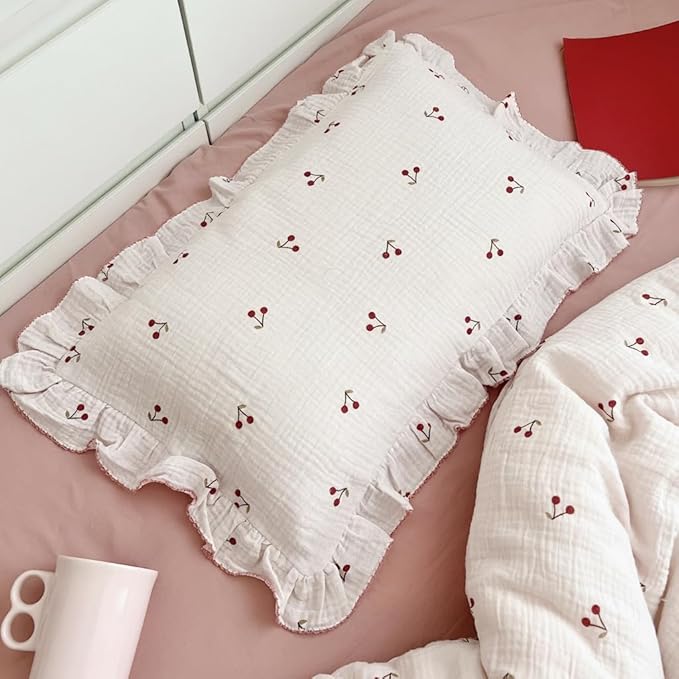 BuLuTu Cotton Muslin Ruffle Edge Kids Toddler Pillowcase Standard,Cherry Pattern Soft Travel Pillow Nursery Pillowcase for Boys,Girls,Bedding Decor Machine Washable, Durable Pillowcase 1 Piece